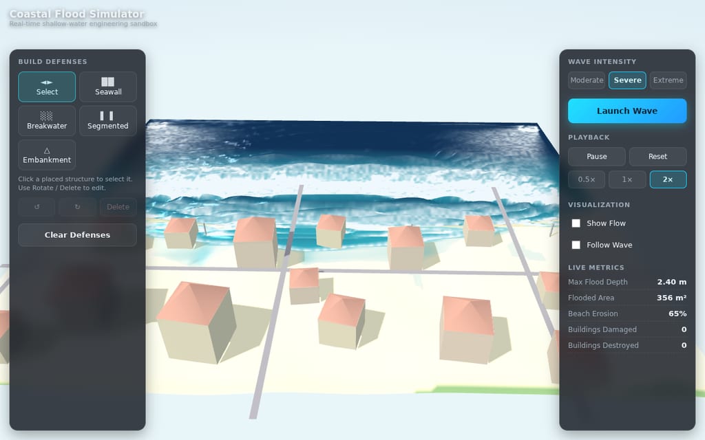 Coastal Flood Simulator by Claude Sonnet 5: the coastal town before the wave